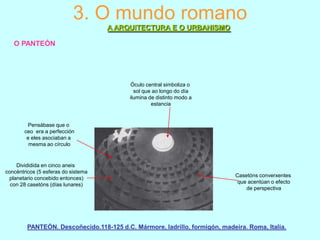 3. O mundo romano
A ARQUITECTURA E O URBANISMO
O PANTEÓN

Óculo central simboliza o
sol que ao longo do día
ilumina de distinto modo a
estancia

Pensábase que o
ceo era a perfección
e eles asociaban a
mesma ao círculo

Divididida en cinco aneis
concéntricos (5 esferas do sistema
planetario concebido entonces)
con 28 casetóns (días lunares)

Casetóns converxentes
que acentúan o efecto
de perspectiva

PANTEÓN. Descoñecido.118-125 d.C. Mármore, ladrillo, formigón, madeira. Roma, Italia.

 