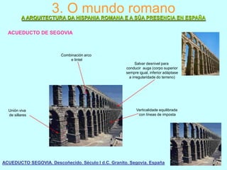 3. O mundo romano
A ARQUITECTURA DA HISPANIA ROMANA E A SÚA PRESENCIA EN ESPAÑA
ACUEDUCTO DE SEGOVIA

Combinación arco
e lintel
Salvar desnivel para
conducir auga (corpo superior
sempre igual, inferior adáptase
a irregularidade do terreno)

Unión viva
de sillares

Verticalidade equilibrada
con líneas de imposta

ACUEDUCTO SEGOVIA. Descoñecido. Século I d.C. Granito. Segovia. España

 