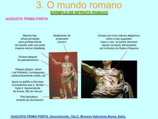 3. O mundo romano
EXEMPLO DE RETRATO ROMANO
AUGUSTO PRIMA PORTA

Maioría das
obras pensadas
para poñelas diante
de parede, polo que parte
traseira menos traballada

Idealización do
emperador
(xoven)

Coraza con ricos relevos alegóricos
sobre a paz augustea:
baixo o ceo os partos devolven
águias romanas, flanqueados
por símbolos da Galia e Hispania

Grosos plegues
do paludamentum

Rasgos gregos: canon
( de Policleto), contrapposto,
cabeza levemente xirada, etc.
Apoio en golfiño e Dionisos
(considérase que a familia
Xulia é descendiente
de Eneas, fillo de Venus)

Pés descalzos,
símbolo de divinización

AUGUSTO PRIMA PORTA. Descoñecido. 19a.C. Museos Vaticanos.Roma. Italia.

 