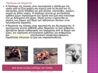 



Ποόληφη και Θεοαπεία
Η Ποόληφη ςηπ Λύρραπ είμαι ποχςαουικά η ενάλλειφη ςηπ
μόρξσ από ςα ζώα τξοείπ και κσοίχπ από ςα ρκσλιά και ςιπ
αλεπξύδεπ (ρςημ Ελλάδα) και ρςά ρκσλιά, αλεπξύδεπ, οακξύμ,
κξγιός ρε άλλεπ υώοεπ. Η ποόληφη γίμεςαι με αμςιλσρρικό
εμβόλιξ ζώχμ υξοηγξύμεμξ είςε άμερα ρςό ζώξ από κςημίαςοξ
είςε με δξλώμαςα ρςή τύρη. Πέοαμ ασςξύ η τοξμςίδα εκ
μέοξσπ ςχμ Δήμχμ ρςό θέμα ςχμ αδέρπξςχμ ρκύλχμ είμαι
ποχςαουικήπ ρημαρίαπ
Η θεοαπεία ςηπ Λύρραπ είμαι ποχςξγεμήπ και δεσςεοξγεμήπ: Η
ποχςξγεμήπ γίμεςαι ΑΜΕΣΩΣ μόλιπ δαγκώρει ςξ ζώξ άμθοχπξ.
Χοειάζεςαι άμερα καθαοιρμόπ ςξσ ςοαύμαςξπ από ςξ δήγμα ςξσ
ζώξσ, και υξοήγηρη αμςιλσρρικξύ εμβξλίξσ για αμθοώπξσπ
και αμςιλσρρικξύ ξοξύ(αμςιλσρρική σπεοάμξρη ρταιοίμη.
Παοάλληλα ελέγυεςαι ςξ ζώξ και παοακξλξσθείςαι.

Από ασςά ςα ζώα κξλλάμε ςημ λύρρα
Aθαμαριάδξσ Κξοίμα

12/4/2013

9

 