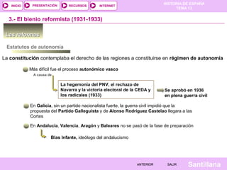 HISTORIA DE ESPAÑA
TEMA 13
RECURSOS INTERNETPRESENTACIÓN
Santillana
INICIO
SALIRSALIRANTERIORANTERIOR
Las reformasLas reformas
3.- El bienio reformista (1931-1933)
Estatutos de autonomía
La constitución contemplaba el derecho de las regiones a constituirse en régimen de autonomía
Más difícil fue el proceso autonómico vasco
A causa de
La hegemonía del PNV, el rechazo de
Navarra y la victoria electoral de la CEDA y
los radicales (1933)
Se aprobó en 1936
en plena guerra civil
En Galicia, sin un partido nacionalista fuerte, la guerra civil impidió que la
propuesta del Partido Galleguista y de Alonso Rodríguez Castelao llegara a las
Cortes
En Andalucía, Valencia, Aragón y Baleares no se pasó de la fase de preparación
Blas Infante, ideólogo del andalucismo
 