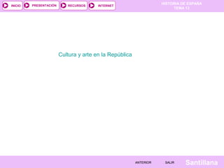 HISTORIA DE ESPAÑA
TEMA 13
RECURSOS INTERNETPRESENTACIÓN
Santillana
INICIO
SALIRSALIRANTERIORANTERIOR
Cultura y arte en la República
 