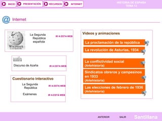 HISTORIA DE ESPAÑA
TEMA 13
RECURSOS INTERNETPRESENTACIÓN
Santillana
INICIO
SALIRSALIRANTERIORANTERIOR
Internet
Vídeos y animaciones
La conflictividad social
(Artehistoria)IR A ESTA WEBIR A ESTA WEBDiscurso de Azaña
IR A ESTA WEBIR A ESTA WEB
La Segunda
República
española
Cuestionario interactivo
IR A ESTA WEBIR A ESTA WEB
La Segunda
República
Sindicatos obreros y campesinos
en 1933
(Artehistoria)
Las elecciones de febrero de 1936
(Artehistoria)
IR A ESTA WEBIR A ESTA WEBExámenes
La proclamación de la república
La revolución de Asturias, 1934
 