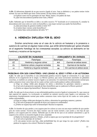 13
A.20.- El daltonismo depende de un gen recesivo ligado al sexo. Juan es daltónico y sus padres tenían visión
normal. Se casa con María que tiene visión normal. Su hijo Jaime es daltónico.
a) Explicar como son los genotipos de Juan, María, Jaime y los padres de Juan.
b) ¿Qué otra descendencia podrían tener Juan y María?
A.21.- Sabiendo que la hemofilia se debe a un alelo recesivo "h" localizado en el cromosoma X, estudiar la
descendencia del cruce entre un varón no hemofílico y una mujer normal cuyo padre fue hemofílico.
a) ¿Qué porcentaje de gametos tendrán el alelo "h"?
b) ¿Cuántos hijos varones serán hemofílicos?
c) ¿Cuántas hijas serán portadoras del alelo "h"?
6. HERENCIA INFLUIDA POR EL SEXO
Existen caracteres como es el caso de la calvicie en humanos y la presencia o
ausencia de cuernos en algunas razas ovinas, que están determinados por genes situados
en el segmento homólogo de los cromosomas sexuales. La calvicie es dominante en los
hombres y recesivo en las mujeres.
CALVICIE EN HUMANOS CORNAMENTA EN OVINOS
Genotipos Fenotipos Genotipos Fenotipos
CC Hombres y mujeres calvos AA Cuernos en ambos sexos
Cc Hombres calvos y mujeres normales Aa Cuernos en los machos
cc Hombres y mujeres normales aa Sin cuernos en ambos sexos
PROBLEMAS CON DOS CARACTERES: UNO LIGADO AL SEXO Y OTRO A UN AUTOSOMA
A.22.- Se sabe que la hemofilia es una enfermedad genética recesiva ligada al cromosoma X y que causa
defectos en la coagulación de la sangre. La fibrosis quística, que causa secreciones anormales en glándulas
exocrinas, es también un carácter recesivo ligado a un autosoma. Un matrimonio fenotípicamente normal para
ambos caracteres tiene varios hijos de los cuales un hijo varón resulta padecer ambas enfermedades.
a) Elige un código válido para designar los alelos y determina los genotipos materno y paterno.
b) ¿Cual sería la proporción esperada de hijos hemofílicos que no padezcan la fibrosis quística?
c) ¿Podría ser alguna hija hemofílica?. Razona la respuesta.
A.23.- Se sabe que la hemeralopía es una enfermedad genética recesiva ligada al cromosoma X y que causa un
tipo especial de ceguera. La sordomudez es también un carácter recesivo pero ligado a un autosoma. Un
matrimonio fenotípicamente normal para ambos caracteres tiene varios hijos de los cuales un varón padece
ambas enfermedades.
a) Elige un código válido para designar los alelos y determina los genotipos materno y paterno.
b) ¿Cual sería la proporción esperada de hijos con ceguera no sordomudos?
c) ¿Podría ser alguna hija sufrir la hemeralopía? Razona la respuesta.
A.24.- Un hombre de ojos pardos y con ceguera para los colores se casa con una mujer también de ojos pardos
pero de visión normal. Tuvieron dos hijos varones: uno de visión normal y ojos azules y otro hijo de ojos
pardos y con ceguera para los colores. Sabiendo que el color de los ojos es un carácter autosómico y que la
ceguera a los colores se encuentra ligada al sexo, responder
a) Dados los fenotipos paternos y filiales, ¿Cuál se espera que sea el genotipo de los progenitores?
b) ¿Cuál sería el genotipo de los hijos?
c) Si esta pareja tuviera una hija, ¿Qué probabilidad hay de que tenga los ojos azules? ¿Podría ésta
padecer la ceguera a los colores? Razona la respuesta.
 