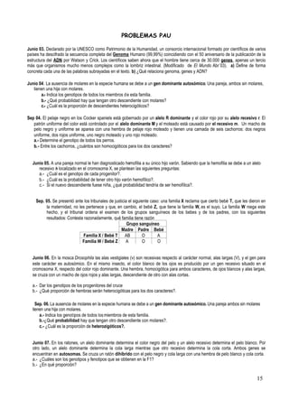 15
PROBLEMAS PAU
Junio 03. Declarado por la UNESCO como Patrimonio de la Humanidad, un consorcio internacional formado por científicos de varios
países ha descifrado la secuencia completa del Genoma Humano (99,99%) coincidiendo con el 50 aniversario de la publicación de la
estructura del ADN por Watson y Crick. Los científicos saben ahora que el hombre tiene cerca de 30.000 genes, apenas un tercio
más que organismos mucho menos complejos como la lombriz intestinal. (Modificado de El Mundo Abr´03). a) Define de forma
concreta cada una de las palabras subrayadas en el texto. b) ¿Qué relaciona genoma, genes y ADN?
Junio 04. La ausencia de molares en la especie humana se debe a un gen dominante autosómico. Una pareja, ambos sin molares,
tienen una hija con molares.
a.- Indica los genotipos de todos los miembros de esta familia.
b.- ¿Qué probabilidad hay que tengan otro descendiente con molares?
c.- ¿Cuál es la proporción de descendientes heterocigóticos?
Sep 04. El pelaje negro en los Cocker spaniels está gobernado por un alelo R dominante y el color rojo por su alelo recesivo r. El
patrón uniforme del color está controlado por el alelo dominante M y el moteado está causado por el recesivo m. Un macho de
pelo negro y uniforme se aparea con una hembra de pelaje rojo moteado y tienen una camada de seis cachorros: dos negros
uniforme, dos rojos uniforme, uno negro moteado y uno rojo moteado.
a.- Determine el genotipo de todos los perros.
b.- Entre los cachorros, ¿cuántos son homocigóticos para los dos caracteres?
Junio 05. A una pareja normal le han diagnosticado hemofilia a su único hijo varón. Sabiendo que la hemofilia se debe a un alelo
recesivo h localizado en el cromosoma X, se plantean las siguientes preguntas:
a.- ¿Cuál es el genotipo de cada progenitor?.
b.- ¿Cuál es la probabilidad de tener otro hijo varón hemofílico?.
c.- Si el nuevo descendiente fuese niña, ¿qué probabilidad tendría de ser hemofílica?.
Sep. 05. Se presentó ante los tribunales de justicia el siguiente caso: una familia X reclama que cierto bebé T, que les dieron en
la maternidad, no les pertenece y que, en cambio, el bebé Z, que tiene la familia W, es el suyo. La familia W niega este
hecho, y el tribunal ordena el examen de los grupos sanguíneos de los bebes y de los padres, con los siguientes
resultados: Contesta razonadamente, qué familia tiene razón
Junio 06. En la mosca Drosophila las alas vestigiales (v) son recesivas respecto al carácter normal, alas largas (V), y el gen para
este carácter es autosómico. En el mismo insecto, el color blanco de los ojos es producido por un gen recesivo situado en el
cromosoma X, respecto del color rojo dominante. Una hembra, homocigótica para ambos caracteres, de ojos blancos y alas largas,
se cruza con un macho de ojos rojos y alas largas, descendiente de otro con alas cortas.
a.- Dar los genotipos de los progenitores del cruce
b.- ¿Qué proporción de hembras serán heterocigóticas para los dos caracteres?.
Sep. 06. La ausencia de molares en la especie humana se debe a un gen dominante autosómico. Una pareja ambos sin molares
tienen una hija con molares.
a.- Indica los genotipos de todos losmiembros de esta familia.
b.-¿Qué probabilidad hay que tengan otro descendiente con molares?.
c.- ¿Cuál es la proporción de heterozigóticos?.
Junio 07. En los ratones, un alelo dominante determina el color negro del pelo y un alelo recesivo determina el pelo blanco. Por
otro lado, un alelo dominante determina la cola larga mientras que otro recesivo determina la cola corta. Ambos genes se
encuentran en autosomas. Se cruza un ratón dihíbrido con el pelo negro y cola larga con una hembra de pelo blanco y cola corta.
a.- ¿Cuáles son los genotipos y fenotipos que se obtienen en la F1?
b.- ¿En qué proporción?
Grupo sanguíneo
Madre Padre Bebé
Familia X / Bebé T AB O A
Familia W / Bebé Z A O O
 