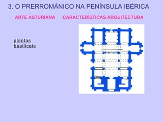 3. O PRERROMÁNICO NA PENÍNSULA IBÉRICA
ARTE ASTURIANA

plantas
basilicais

CARACTERÍSTICAS ARQUITECTURA

 