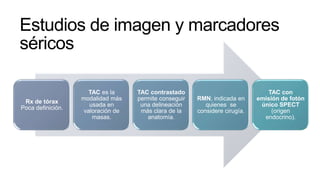 Estudios de imagen y marcadores
séricos

Rx de tórax
Poca definición.

TAC es la
modalidad más
usada en
valoración de
masas.

TAC contrastado
permite conseguir
una delineación
más clara de la
anatomía.

RMN; indicada en
quienes se
considere cirugía.

TAC con
emisión de fotón
único SPECT
(origen
endocrino).

 