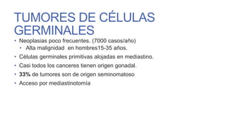 TUMORES DE CÉLULAS
GERMINALES
• Neoplasias poco frecuentes. (7000 casos/año)
• Alta malignidad en hombres15-35 años.
• Células germinales primitivas alojadas en mediastino.
• Casi todos los canceres tienen origen gonadal.

• 33% de tumores son de origen seminomatoso
• Acceso por mediastinotomía

 