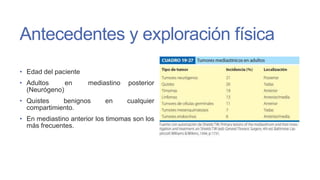 Antecedentes y exploración física
• Edad del paciente
• Adultos
en
(Neurógeno)

mediastino

• Quistes
benignos
compartimiento.

en

posterior
cualquier

• En mediastino anterior los timomas son los
más frecuentes.

 