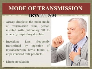 M
MO
OD
DE
E O
O
F
F
T
R
A
N
T
R
A
N
S
S
M
IS
SS
SI
IO
ON
N
MODE OF TRANSMISSION
Airway droplets: the main mode
of transmission from person
infected with pulmonary TB to
others by respiratory droplets.
Ingestion:
transmitted
Less frequently
by ingestion of
in
mycobacterium bovis found
unpasteurized milk products
Direct inoculation
 