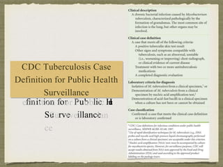 C
D
De
e
lth
h
DCC
TubeTuberculrculoossisis
Cas
ef
fi
in
nit
iti
io
on
n f
for
or P
Pub
ubl
lic
ic H
e
a
Su
Surve
rvei
il
llance
lan
ce
CDC Tuberculosis Case
Definition for Public Health
Surveillance
 