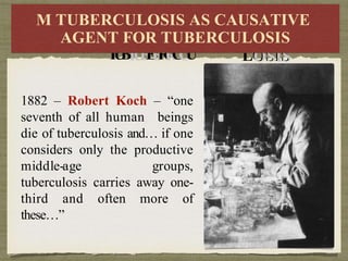 M
M
T
U
T
U
B
B
E
E
R
A
A
G
G
E
N
E
N
RC
CU
UL
LO
OS
SI
IS
S A
AS
S C
CA
A
T
T F
FO
OR
R
T
U
B
T
U
B
E
E
R
R
C
C
U
U
US
SA
ATI
TIVE
VE
LO
OS
SI
IS
S
M TUBERCULOSIS AS CAUSATIVE
AGENT FOR TUBERCULOSIS
1882 – Robert Koch – “one
seventh of all human beings
die of tuberculosis and… if one
considers only the productive
middle-age groups,
tuberculosis carries away one-
third and often more of
these…”
 