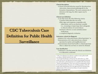 CDC Tuberculosis CaseCDC Tuberculosis Case
Definition for Public HealthDefinition for Public Health
SurveillanceSurveillance
CDC Tuberculosis CaseCDC Tuberculosis Case
Definition for Public HealthDefinition for Public Health
SurveillanceSurveillance
 