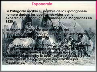 La Patagonia recibió su nombre de los «patagones»,
nombre dado a los aborígenes vistos por la
expedición del portugués Hernando de Magallanes en
1520.
Erróneamente, se cree que el origen del
término patagón se debe al pie grande que poseían
los habitantes de la región.
Es más probable que dicho término derive del nombre
un rey mitológico de gran estatura, llamado Gran
Patagón, que aparece en el romance de
caballería Primaleón; lo cual habría coincidido con la
gran estatura de los hombres encontrados por
Magallanes.
 