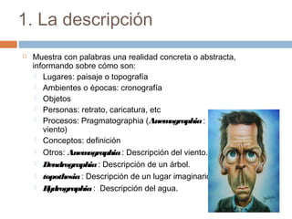 1. La descripción
 Muestra con palabras una realidad concreta o abstracta,
informando sobre cómo son:
 Lugares: paisaje o topografía
 Ambientes o épocas: cronografía
 Objetos
 Personas: retrato, caricatura, etc
 Procesos: Pragmatographia (Anemographia: Descripción del
viento)
 Conceptos: definición
 Otros: Anemographia: Descripción del viento.
 Dendrographia: Descripción de un árbol.
 topothesia: Descripción de un lugar imaginario
 Hydrographia:  Descripción del agua.
 