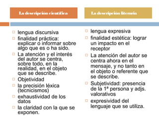  lengua discursiva
 finalidad práctica:
explicar o informar sobre
algo que es o ha sido.
 La atención y el interés
del autor se centra,
sobre todo, en la
realidad, en el objeto
que se describe.
 Objetividad
 la precisión léxica
(tecnicismos)
 exhaustividad de los
datos
 la claridad con la que se
exponen.
 lengua expresiva
 finalidad estética: lograr
un impacto en el
receptor
 La atención del autor se
centra ahora en el
mensaje, y no tanto en
el objeto o referente que
se describe.
 Subjetividad: presencia
de la 1ª persona y adjs.
valorativos
 expresividad del
lenguaje que se utiliza.
La descripción científica La descripción literaria
 