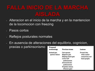 FALLA INICIO DE LA MARCHA 
AISLADA 
• Alteracion en el inicio de la marcha y en la mantencion 
de la locomocion con freezing 
• Pasos cortos 
• Reflejos posturales normales 
• En ausencia de alteraciones del equilibrio, cognicion, 
praxias o parkinsonismo 
 