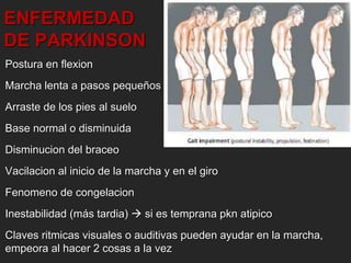 ENFERMEDAD 
DE PARKINSON 
Postura en flexion 
Marcha lenta a pasos pequeños 
Arraste de los pies al suelo 
Base normal o disminuida 
Disminucion del braceo 
Vacilacion al inicio de la marcha y en el giro 
Fenomeno de congelacion 
Inestabilidad (más tardia)  si es temprana pkn atipico 
Claves ritmicas visuales o auditivas pueden ayudar en la marcha, 
empeora al hacer 2 cosas a la vez 
 