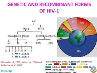 GENETIC AND RECOMBINANT FORMS 
OF HIV-1 
Michael et al., 2002, Joris et al., 2006 and 
Katherine et al., 2013 
A AI, A2 and A3 
F F1 and F2 
29-10-2014 
Global distribution of HIV-1 subtypes and recombinants 
in 2004. A; B; C ; D; 
F,G,H,J,K CRF01_AE; CRF02_AG; 
CRF03_AB ; other 
Recombinants (Hemelaar et al., 2004) 
A A1 and A2 
F F1 and F2 
 