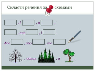 Скласти речення за схемами
, і , а .
, але , і .
Або , або , та .
, однак , а .
 