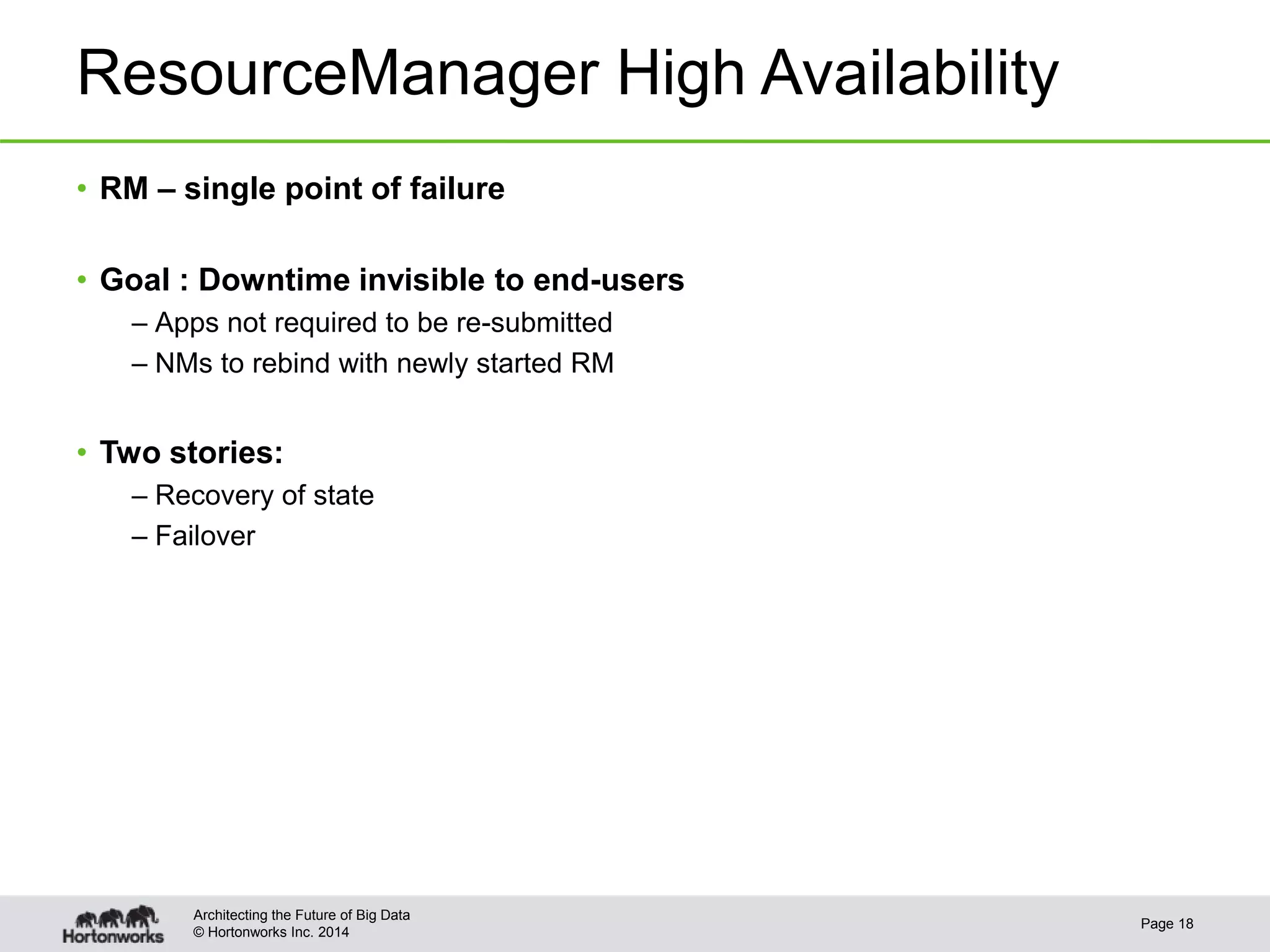 © Hortonworks Inc. 2014
ResourceManager High Availability
Page 18
Architecting the Future of Big Data
• RM – single point of failure
• Goal : Downtime invisible to end-users
– Apps not required to be re-submitted
– NMs to rebind with newly started RM
• Two stories:
– Recovery of state
– Failover
 