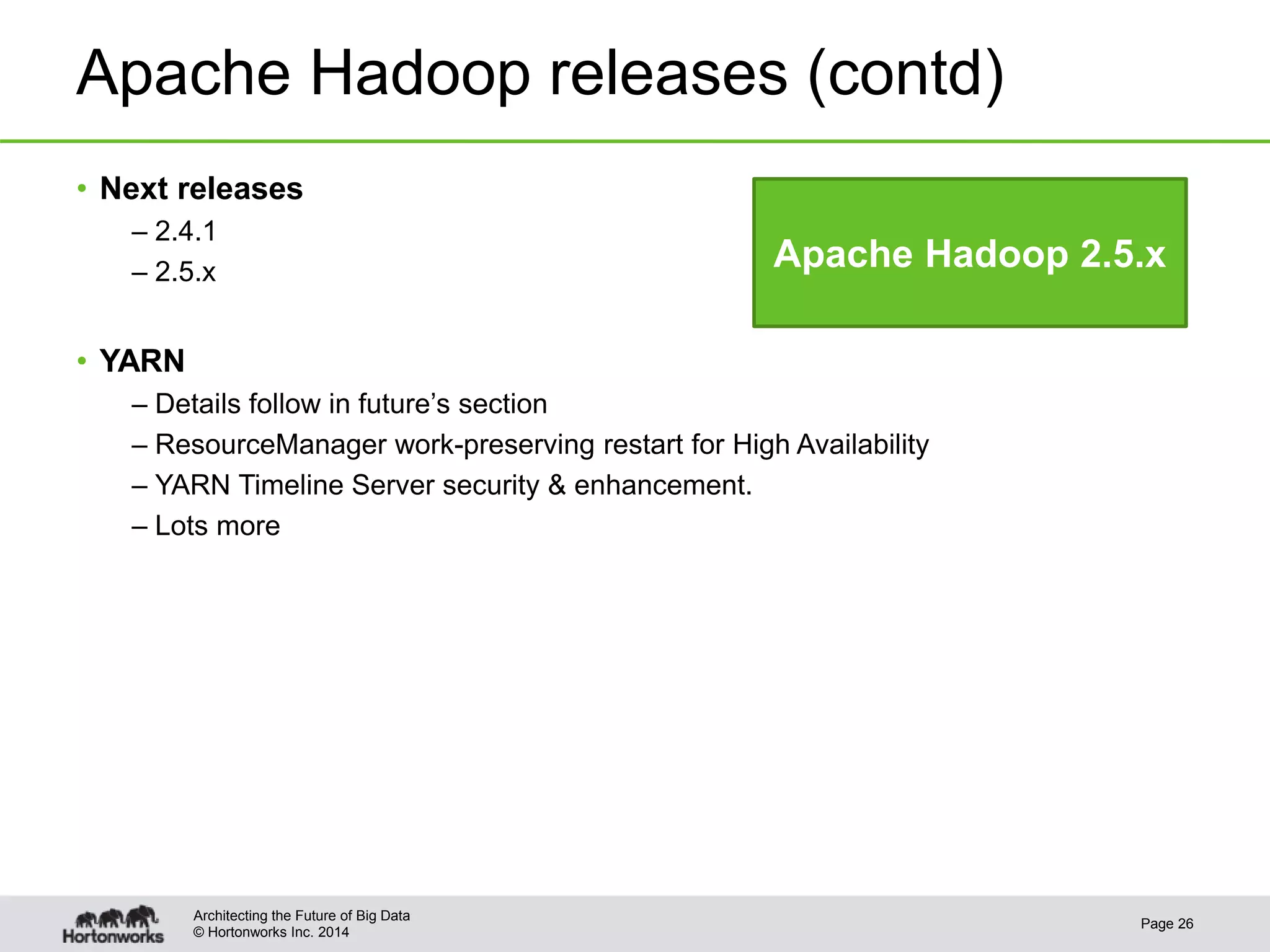© Hortonworks Inc. 2014
Apache Hadoop releases (contd)
• Next releases
– 2.4.1
– 2.5.x
• YARN
– Details follow in future’s section
– ResourceManager work-preserving restart for High Availability
– YARN Timeline Server security & enhancement.
– Lots more
Page 26
Architecting the Future of Big Data
Apache Hadoop 2.5.x
 