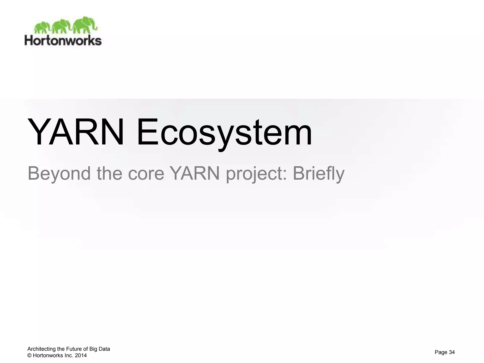 © Hortonworks Inc. 2014
YARN Ecosystem
Beyond the core YARN project: Briefly
Architecting the Future of Big Data
Page 34
 