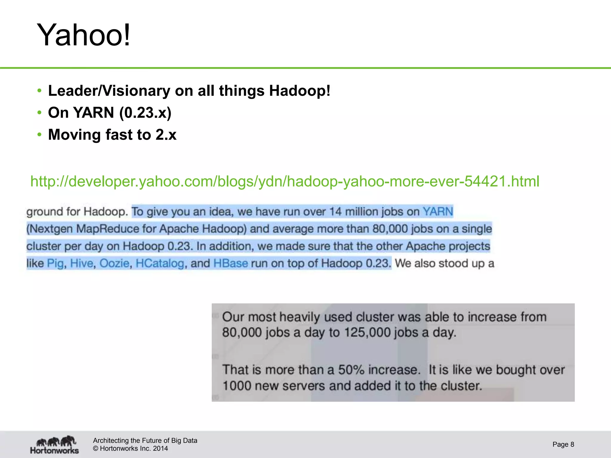 © Hortonworks Inc. 2014
Yahoo!
• Leader/Visionary on all things Hadoop!
• On YARN (0.23.x)
• Moving fast to 2.x
Page 8
Architecting the Future of Big Data
http://developer.yahoo.com/blogs/ydn/hadoop-yahoo-more-ever-54421.html
 