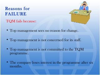 TQM fails because:
• Top management sees no reason for change.
• Top management is not concerned for its staff.
• Top management is not committed to the TQM
programme.
• The company loses interest in the programme after six
months.
Reasons for
FAILURE
 
