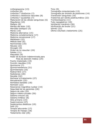 31
Linfangiograma {13}
Linfocitos {8}
Linfocitos T citotóxicos {7}
Linfocitos t citotóxicos naturales {8}
Linfocitos T ayudantes {7}
Maduración de las células sanguíneas {6}
Magullarse {10}
Maligno {8}
Manejo del dolor {19}
Marcador biológico {5}
Mareo {10}
Medicina alternativa {15}
Medicina complementaria {17}
Medicina convencional {17}
Metástasis {22}
Médula ósea {6}
Nutricionista {19}
Náusea {22}
Oncogén {9}
Orden de no resucitar {24}
Palidez {11}
Plaquetas {9}
Poder de duración indeterminada para
fines de atención médica {24}
Puerto implantado {19}
Punción raquídea {13}
Quimiocina {7}
Quimiorresistencia {21}
Quimioterapia {16}
Radical libre {17}
Radioterpia {20}
Recaída {22}
Rechazar el tratamiento {27}
Recuperación {22}
Remedios herbales {18}
Remisión {22}
Resonancia magnética nuclear {14}
Seguridad de los pacientes {26}
Seguro de vida {25}
Seguro médico privado {26}
Sistema inmune {8}
Sistema linfático {8}
Sitio primario {14}
Supervivencia {27}
Suplementos dietéticos {19}
Sutil {5}
Terapia adyuvante {17}
Terapia de masaje {18}
Testamento vital {26}
Timo {9}
Tomografía computarizada {13}
Tomografía por emisión de positrones {14}
Transfusión sanguínea {16}
Trastornos por estrés posttraumático {22}
Trombocitopenia {11}
Tubo nasogástrico {18}
Ventilación mecánica {26}
Vitrificación de óvulos {21}
Vómito {23}
Última voluntad y testamento {25}
 
