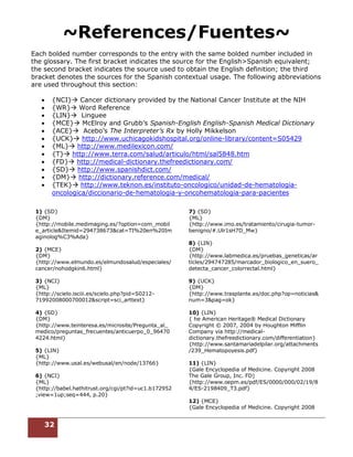 32
~References/Fuentes~
Each bolded number corresponds to the entry with the same bolded number included in
the glossary. The first bracket indicates the source for the English>Spanish equivalent;
the second bracket indicates the source used to obtain the English definition; the third
bracket denotes the sources for the Spanish contextual usage. The following abbreviations
are used throughout this section:
 {NCI} Cancer dictionary provided by the National Cancer Institute at the NIH
 {WR} Word Reference
 {LIN} Linguee
 {MCE} McElroy and Grubb’s Spanish-English English-Spanish Medical Dictionary
 {ACE} Acebo’s The Interpreter’s Rx by Holly Mikkelson
 {UCK} http://www.uchicagokidshospital.org/online-library/content=S05429
 {ML} http://www.medilexicon.com/
 {T} http://www.terra.com/salud/articulo/html/sal5848.htm
 {FD} http://medical-dictionary.thefreedictionary.com/
 {SD} http://www.spanishdict.com/
 {DM} http://dictionary.reference.com/medical/
 {TEK} http://www.teknon.es/instituto-oncologico/unidad-de-hematologia-
oncologica/diccionario-de-hematologia-y-oncohematologia-para-pacientes
1) {SD}
{DM}
{http://mobile.medimaging.es/?option=com_mobil
e_article&Itemid=294738673&cat=TI%20en%20Im
aginolog%C3%Ada}
2) {MCE}
{DM}
{http://www.elmundo.es/elmundosalud/especiales/
cancer/nohodgkin6.html}
3) {NCI}
{ML}
{http://scielo.isciii.es/scielo.php?pid=S0212-
71992008000700012&script=sci_arttext}
4) {SD}
{DM}
{http://www.teinteresa.es/microsite/Pregunta_al_
medico/preguntas_frecuentes/anticuerpo_0_96470
4224.html}
5) {LIN}
{ML}
{http://www.usal.es/webusal/en/node/13766}
6) {NCI}
{ML}
{http://babel.hathitrust.org/cgi/pt?id=uc1.b172952
;view=1up;seq=444, p.20}
7) {SD}
{ML}
{http://www.imo.es/tratamiento/cirugia-tumor-
benigno/#.Ulr1sH7D_Mw}
8) {LIN}
{DM}
{http://www.labmedica.es/pruebas_geneticas/ar
ticles/294747285/marcador_biologico_en_suero_
detecta_cancer_colorrectal.html}
9) {UCK}
{DM}
{http://www.trasplante.es/doc.php?op=noticias&
num=3&pag=ok}
10) {LIN}
{ he American Heritage® Medical Dictionary
Copyright © 2007, 2004 by Houghton Mifflin
Company via http://medical-
dictionary.thefreedictionary.com/differentiation}
{http://www.santamariadelpilar.org/attachments
/239_Hematopoyesis.pdf}
11) {LIN}
{Gale Encyclopedia of Medicine. Copyright 2008
The Gale Group, Inc. FD)
{http://www.oepm.es/pdf/ES/0000/000/02/19/8
4/ES-2198409_T3.pdf}
12) {MCE}
{Gale Encyclopedia of Medicine. Copyright 2008
The Gale Group, Inc via FD}
{http://www.oepm.es/pdf/ES/0000/000/02/19/8
4/ES-2198409_T3.pdf}
 