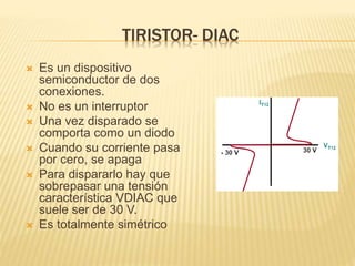 TIRISTOR- DIAC
 Es un dispositivo
semiconductor de dos
conexiones.
 No es un interruptor
 Una vez disparado se
comporta como un diodo
 Cuando su corriente pasa
por cero, se apaga
 Para dispararlo hay que
sobrepasar una tensión
característica VDIAC que
suele ser de 30 V.
 Es totalmente simétrico
 