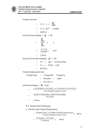 TUGAS RENCANA GARIS
PERENCANAAN KAPAL TANKER
MT ” T ALITAN” 4000 BRT LINES PLAN
Volume Cant Part
= 1/3 x e x
1∑
= 1/3 x 0,97 x 20,440
= 6,609 m3
LCB Cant Part terhadap ( ) AP
=
1
2
∑
∑
x e
= 440,20
253,27
x 0,97
= 1,293m
Jarak LCB Cant Part terhadap ( ) AP
= 1/2 x Lpp + LCB Cant Part
= 1/2 x 97,00 + 1,293
= 49,793 m
Volume Displacement total
V Displ Total = V Displ MP + V Displ Cp
= 7366,494 + 6,609
= 7373,103 m
LCB total terhadap ( ) Lpp
=
AwalntDisplecemaVol
CPVolxCPLCBMPVolxMPLCB
..
.).....(..).....(. +
=
103,7373
)609,67933,49()494,7366145,1( xx +
= 1,189 m
B.4. Koreksi Hasil Perhitungan
a. Koreksi untuk Volume Displacement
= AwalntDisplacemeVolume
AwalntDisplacemeVolumeTotalVolume
..
..... +
x 100 %
= 054,7379
103,7373054,7379 −
x 100 %
11
 
