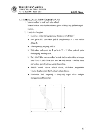TUGAS RENCANA GARIS
PERENCANAAN KAPAL TANKER
MT ” T ALITAN” 4000 BRT LINES PLAN
E. MERENCANAKAN BENTUK BODY PLAN
1. Merencanakan bentuk body plan adalah
Merencanakan atau membuat bentuk garis air lengkung padapotongan
ordinat.
2. Langkah – langkah
 Membuat empat persegi panjang dengan sisi ½ B dan T
 Pada garis air T diukurkan garis b yang besarnya = ½ luas station
dibagi T.
 Dibuat persegi panjang ABCD
 Diukurkan pada garis air T garis air Y = ½ lebar garis air pada
station yang bersangkutan.
 Dari titik E kita merencanakan bentuk station sedemikian sehingga
luas ODE = luas OAB letak titik O dari station – station harus
merupakan garis lengkung yang stream line.
 Setelah bentuk station selesai dibuat, dilakukan pengecekan
volume displacement dari bentuk-bentuk station.
 Kebenaran dari lengkung – lengkung dapat dicek dengan
menggunakan Planimeter.
17
C
ED
BA
 