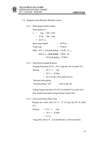 TUGAS RENCANA GARIS
PERENCANAAN KAPAL TANKER
MT ” T ALITAN” 4000 BRT LINES PLAN
F.4. Bangunan Atas (Menurut Methode Varian)
F.4.1. Perhitungan Jumlah Gading
Jarak gading (a)
a = Lpp / 500 + 0,48
= 97,00 / 500 + 0,48
= 0,674 m
Jarak yang diambil = 0,670 m
Untuk Lpp = 97,00 m
Maka 0,67 x 144 jarak gading = 96,48 m
0,52 x 1 jarak gading = 0,52 m
145 jarak gading = 97,00 m
F.4.2. Poop Deck (Geladak Kimbul)
Panjang Poop Deck (20 % - 30 %) Lpp dari AP, di ambil 25%
Panjang = 20 % x Lpp
= 20 % x 97,00m
= 26,19 m dari AP di ambil 26,8 m
Rencana letak gading
40 jarak gading x 0,67 = 26,8 m dari AP
Sedang tinggi poop deck 2,0 s/d 2,4 m diambil 2,2 m dari main
deck bentuk disesuaikan dengan bentuk buttock line.
F.4.3. Fore Castle Deck (Deck Akil)
Panjang fore castle deck (10 % - 15 %) Lpp dari FP, di ambil
15%
Panjang = 10 % x Lpp
= 10 % x 97,00m
= 9,7 m
Tinggi deck akil (1,9 – 2,2) diambil dari 2,2 dari main deck
23
 