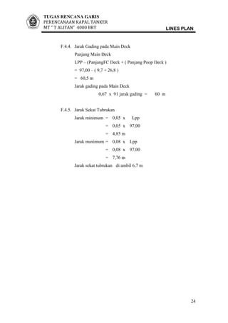 TUGAS RENCANA GARIS
PERENCANAAN KAPAL TANKER
MT ” T ALITAN” 4000 BRT LINES PLAN
F.4.4. Jarak Gading pada Main Deck
Panjang Main Deck
LPP – (PanjangFC Deck + ( Panjang Poop Deck )
= 97,00 – ( 9,7 + 26,8 )
= 60,5 m
Jarak gading pada Main Deck
0,67 x 91 jarak gading = 60 m
F.4.5. Jarak Sekat Tubrukan
Jarak minimum = 0,05 x Lpp
= 0,05 x 97,00
= 4,85 m
Jarak maximum = 0,08 x Lpp
= 0,08 x 97,00
= 7,76 m
Jarak sekat tubrukan di ambil 6,7 m
24
 