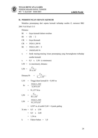 TUGAS RENCANA GARIS
PERENCANAAN KAPAL TANKER
MT ” T ALITAN” 4000 BRT LINES PLAN
H. PERHITUNGAN SEPATU KEMUDI
Modulus penampang dari sepatu kemudi terhadap sumbu Z, menurut BKI
2001 Vol II hal 13-3
Dimana :
Bl = Gaya kemudi dalam resultan
B1 = CR / 2
CR = Gaya Kemudi
CR = 392611,389 N
B1 = 392611,389 / 2
= 196305,695 N
x = Jarak masing-masing irisan penampang yang bersangkutan terhadap
sumbu kemudi
x = 0,5 x L50 (x minimum)
L50 = (x maximum), dimana :
L50 = 3
R
10Pr x
C
Dimana Pr = 3
10
R
10xL
C
;
L10 = Tinggi daun kemudi h = 4,445 m
Pr = 3
4,307x10
392611,389
= 91,157 N/m
L50 = 3
R
10Pr x
C
L50 = 3
91,157x10
392611,389
= 4,307 m, di ambil 2,68 = 4 jarak gading
X min = 0,5 x L50
= 0,5 x 2,68
= 1,34 m
k = Faktor bahan = 1,0
28
 