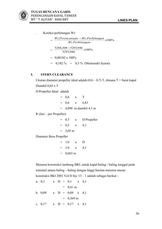 TUGAS RENCANA GARIS
PERENCANAAN KAPAL TANKER
MT ” T ALITAN” 4000 BRT LINES PLAN
. Koreksi perhitungan Wz
= %100
.
....
x
nPerhitungaWz
nPerhitungaWznPerencanaaWz −
= %100
946,5293
946,5293308,5284
x
−
= 0,00182 x 100%
= 0,182 % < 0,5 % (Memenuhi Syarat)
I. STERN CLEARANCE
Ukuran diameter propeller ideal adalah (0,6 – 0,7) T, dimana T = Sarat kapal
Diambil 0,65 x T
D Propeller Ideal adalah
= 0,6 x T
= 0,6 x 6,83
= 4,098 m diambil 4,1 m
R (Jari – jari Propeller)
= 0,5 x D Propeller
= 0,5 x 4,1
= 2,05 m
Diameter Boss Propeller
= 1/6 x D
= 1/6 x 4,1
= 0,683 m
Menurut konstruksi lambung BKI, untuk kapal baling - baling tunggal jarak
minimal antara baling – baling dengan linggi buritan menurut aturan
konstruksi BKI 2001 Vol II Sec 13 – 1 adalah sebagai berikut :
a. 0,1 x D = 0,1 x 4,1
= 0,41 m
b. 0,09 x D = 0,09 x 4,1
= 0,369 m
c. 0,17 x D = 0,17 x 4,1
30
 