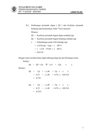 TUGAS RENCANA GARIS
PERENCANAAN KAPAL TANKER
MT ” T ALITAN” 4000 BRT LINES PLAN
B.3. Perhitungan prismatik depan ( Qf ) dan koefisien prismatik
belakang (Qa) berdasarkan Tabel “Van Lamerent”
Dimana :
Qf = Koefisien prismatik bagian depan midship Lpp
Qa = Koefisien prismatik bagian belakang midship Lpp
e = Perbandingan jarak LCB terhadap Lpp
= ( LCB Lpp / Lpp ) x 100 %
= ( 1,278 / 97,00 ) x 100 %
= 0,01318
Dengan rumus tersebut diatas dapat dihitung harga Qa dan Qf dengan rumus
berikut :
Qa = Qf = Cp ± (1,4 + Cp) x e
Dimana :
Qf = Cp + ( 1,40 + Cp ) x e
= 0,75 + ( 1,40 + 0,75) x 0,01318
= 0,779
Qa = Cp - ( 1,40 + Cp ) x e
= 0,75 - ( 1,40 + 0,75) x 0,01318
= 0,7221
7
 