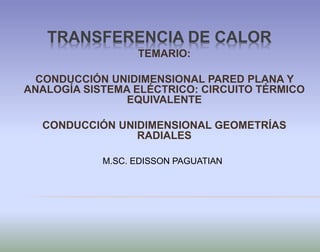 TRANSFERENCIA DE CALOR
TEMARIO:
CONDUCCIÓN UNIDIMENSIONAL PARED PLANA Y
ANALOGÍA SISTEMA ELÉCTRICO: CIRCUITO TÉRMICO
EQUIVALENTE
CONDUCCIÓN UNIDIMENSIONAL GEOMETRÍAS
RADIALES
M.SC. EDISSON PAGUATIAN
 