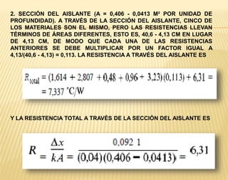 2. SECCIÓN DEL AISLANTE (A = 0,406 - 0,0413 M² POR UNIDAD DE
PROFUNDIDAD). A TRAVÉS DE LA SECCIÓN DEL AISLANTE, CINCO DE
LOS MATERIALES SON EL MISMO, PERO LAS RESISTENCIAS LLEVAN
TÉRMINOS DE ÁREAS DIFERENTES, ESTO ES, 40,6 - 4,13 CM EN LUGAR
DE 4,13 CM, DE MODO QUE CADA UNA DE LAS RESISTENCIAS
ANTERIORES SE DEBE MULTIPLICAR POR UN FACTOR IGUAL A
4,13/(40,6 - 4,13) = 0,113. LA RESISTENCIA A TRAVÉS DEL AISLANTE ES
Y LA RESISTENCIA TOTAL A TRAVÉS DE LA SECCIÓN DEL AISLANTE ES
 