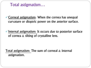 Total astigmatism…
Corneal astigmatism: When the cornea has unequal
curvature or dioptric power on the anterior surface.
Internal astigmatism: It occurs due to posterior surface
of cornea & tilting of crystalline lens.
Total astigmatism: The sum of corneal & internal
astigmatism.
 
