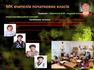 МК вчителів початкових класів                 
                         Керівник – Шевченко Н.М., старший вчитель, 
вищої кваліфікаційної категорії                                                                                               
                                       Проблемне питання: “Підвищення результативності та 
якості навчально-виховного процесу шляхом запровадження особистісно 
зорієнтованого навчання, реалізація громадянської  освіти” 
Бондаренко О.М.-класовод 1 класу
Білоусько Г.А.-класовод 2 класу
Шевченко Н.М.-класовод 3 класу
Богдан Т.М. – класовод 4
 