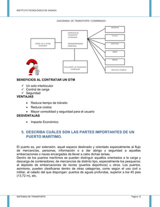INSTITUTO TECNOLÓGICO DE OAXACA
SISTEMAS DE TRANSPORTE Página 12
BENEFICIOS AL CONTRATAR UN OTM
 Un solo interlocutor
 Control de carga
 Seguridad
VENTAJAS
 Reduce tiempo de tránsito
 Reduce costos
 Mayor comodidad y seguridad para el usuario
DESVENTAJAS
 Impacto Económico
5. DESCRIBA CUÁLES SON LAS PARTES IMPORTANTES DE UN
PUERTO MARÍTIMO.
El puerto es, por extensión, aquel espacio destinado y orientado especialmente al flujo
de mercancías, personas, información o a dar abrigo y seguridad a aquellas
embarcaciones o naves encargadas de llevar a cabo dichas tareas.
Dentro de los puertos marítimos se pueden distinguir aquellos orientados a la carga y
descarga de contenedores; de mercancías de distinto tipo, especialmente los pesqueros;
al depósito de embarcaciones de recreo (puertos deportivos) u otros. Los puertos,
asimismo, pueden clasificarse dentro de otras categorías, como según el uso civil o
militar, el calado del que dispongan: puertos de aguas profundas, superior a los 45 pies
(13,72 m), etc.
 
