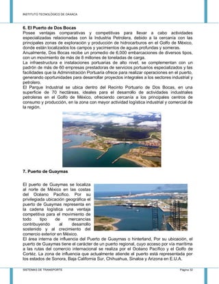 INSTITUTO TECNOLÓGICO DE OAXACA
SISTEMAS DE TRANSPORTE Página 32
6. El Puerto de Dos Bocas
Posee ventajas comparativas y competitivas para llevar a cabo actividades
especializadas relacionadas con la Industria Petrolera, debido a la cercanía con las
principales zonas de exploración y producción de hidrocarburos en el Golfo de México,
donde están localizados los campos y yacimientos de aguas profundas y someras.
Anualmente, Dos Bocas recibe un promedio de 6,000 embarcaciones de diversos tipos,
con un movimiento de más de 8 millones de toneladas de carga.
La infraestructura e instalaciones portuarias de alto nivel, se complementan con un
padrón de más de 60 empresas prestadoras de servicios portuarios especializados y las
facilidades que la Administración Portuaria ofrece para realizar operaciones en el puerto,
generando oportunidades para desarrollar proyectos integrales a los sectores industrial y
petrolero.
El Parque Industrial se ubica dentro del Recinto Portuario de Dos Bocas, en una
superficie de 70 hectáreas, ideales para el desarrollo de actividades industriales
petroleras en el Golfo de México, ofreciendo cercanía a los principales centros de
consumo y producción, en la zona con mayor actividad logística industrial y comercial de
la región.
7. Puerto de Guaymas
El puerto de Guaymas se localiza
al norte de México en las costas
del Océano Pacifico. Por su
privilegiada ubicación geográfica el
puerto de Guaymas representa en
la cadena logística una ventaja
competitiva para el movimiento de
todo tipo de mercancías
contribuyendo al desarrollo
sostenido y al crecimiento del
comercio exterior en México.
El área interna de influencia del Puerto de Guaymas o hinterland, Por su ubicación, el
puerto de Guaymas tiene el carácter de un puerto regional, cuyo acceso por vía marítima
a las rutas del comercio internacional se realiza por el Océano Pacífico y el Golfo de
Cortéz. La zona de influencia que actualmente atiende el puerto está representada por
los estados de Sonora, Baja California Sur, Chihuahua, Sinaloa y Arizona en E.U.A.
 