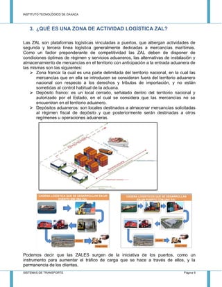 INSTITUTO TECNOLÓGICO DE OAXACA
SISTEMAS DE TRANSPORTE Página 9
3. ¿QUÉ ES UNA ZONA DE ACTIVIDAD LOGÍSTICA ZAL?
Las ZAL son plataformas logísticas vinculadas a puertos, que albergan actividades de
segunda y tercera línea logística generalmente dedicadas a mercancías marítimas.
Como un factor preponderante de competitividad las ZAL deben de disponer de
condiciones óptimas de régimen y servicios aduaneros, las alternativas de instalación y
almacenamiento de mercancías en el territorio con anticipación a la entrada aduanera de
las mismas son las siguientes:
 Zona franca: la cual es una parte delimitada del territorio nacional, en la cual las
mercancías que en ella se introducen se consideran fuera del territorio aduanero
nacional con respecto a los derechos y tributos de importación, y no están
sometidas al control habitual de la aduana.
 Depósito franco: es un local cerrado, señalado dentro del territorio nacional y
autorizado por el Estado, en el cual se considera que las mercancías no se
encuentran en el territorio aduanero.
 Depósitos aduaneros: son locales destinados a almacenar mercancías solicitadas
al régimen fiscal de depósito y que posteriormente serán destinadas a otros
regímenes u operaciones aduaneras.
Podemos decir que las ZALES surgen de la iniciativa de los puertos, como un
instrumento para aumentar el tráfico de carga que se hace a través de ellos, y la
permanencia de los clientes.
 