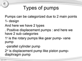Types of pumps
Pumps can be categorized due to 2 main points
1- design
And here we have 2 types
. Positive displacement pumps : and here we
have 2 sub categories
1st
is the rotary pumps like gear pump- vane
pump
-parallel cylinder pump
2nd
is displacement pump like piston pump-
diaphragm pump
 