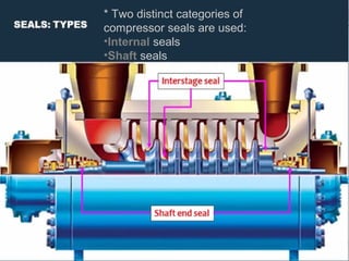 * Two distinct categories of
compressor seals are used:
•Internal seals
•Shaft seals
 
