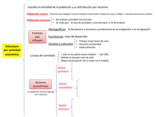 Estructura
por actividad
económica
estudia la actividad de la población y su distribución por sectores
Población activa:
Población inactiva:
Personas que trabajan o buscan trabajo remunerado, incluye a los que trabajan o parados que buscan empleo.
Demográficos: % de jóvenes y ancianos y predominio de la emigración o la inmigración
Económicos: nivel de desarrollo
Sociales y culturales
Factores
que
influyen:
• No realizan actividad remunerada
• Se mide por: la tasa de actividad y tasa de paro ( o % de ambos)
• Trabajo mujer fuera de casa
• duración escolaridad
• edad jubilación
La tasa de actividad: + alta en los países desarrollados : + del 50%
debido al elevado nivel de vida
Mayor participación de la mujer en el trabajo
Sectores
económicos
La población activa se agrupa
en 3 sectores
Sector
primario
Sector
secundario
Sector
terciario
 