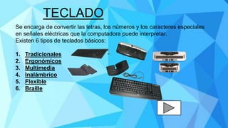 Se encarga de convertir las letras, los números y los caracteres especiales
en señales eléctricas que la computadora puede interpretar.
Existen 6 tipos de teclados básicos:
1. Tradicionales
2. Ergonómicos
3. Multimedia
4. Inalámbrico
5. Flexible
6. Braille
TECLADO
 